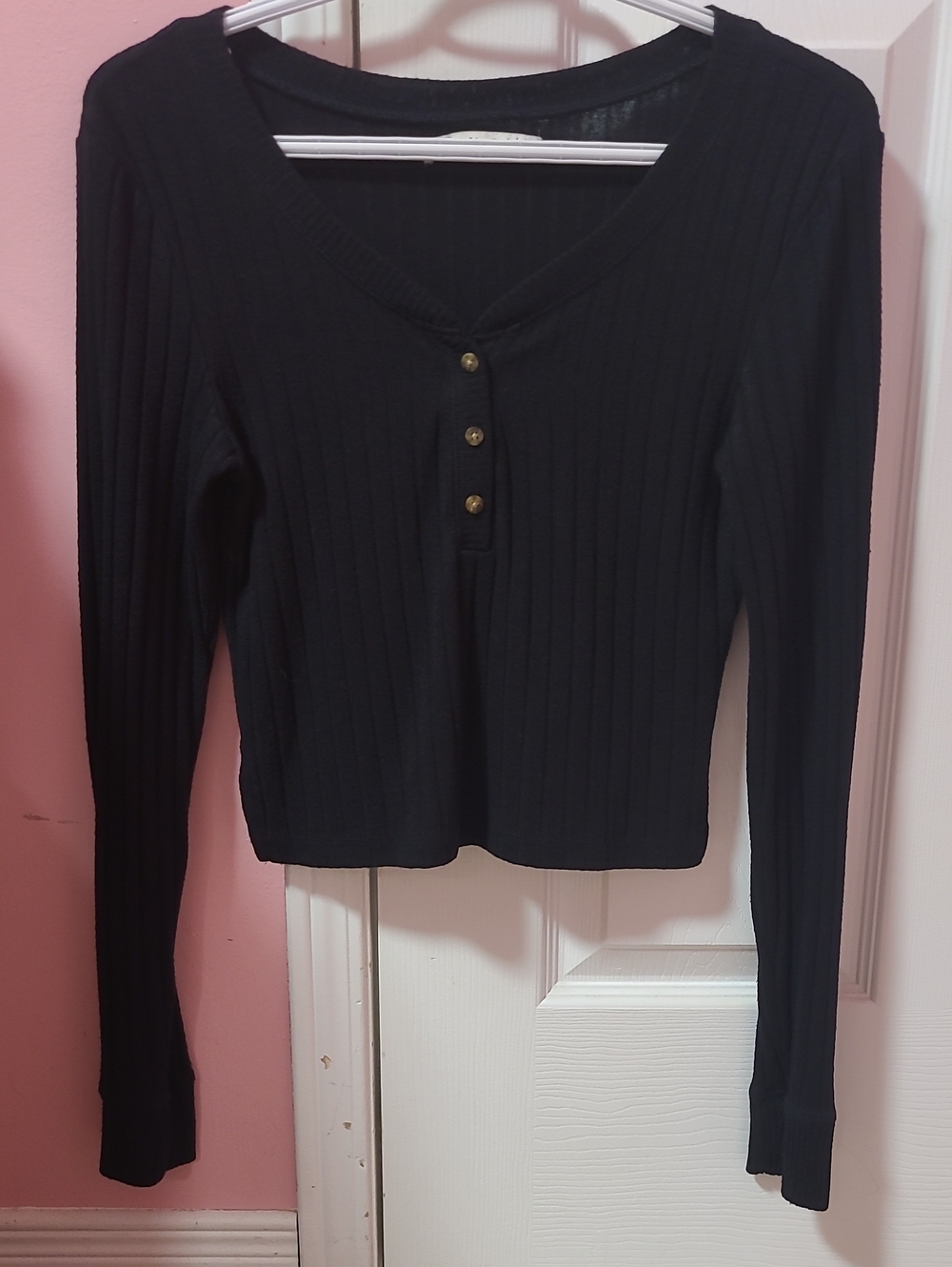 Abercrombie & Fitch Black Ribbed Henley Long Sleeve Top